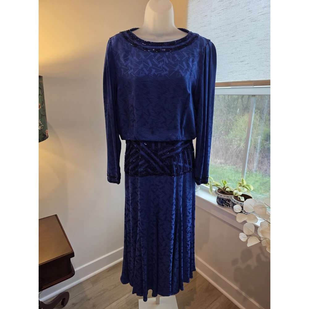 Vintage 80s Satin Print Royal Blue Maxi Cocktail Dress Open Back‎ Sz.8/10 (M)